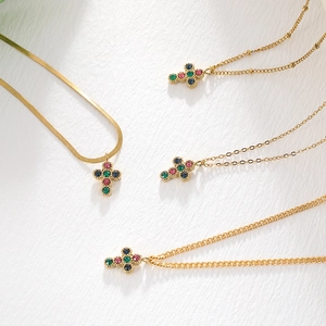 Gold stainless steel cross necklace set with colorful crystals and various chain styles