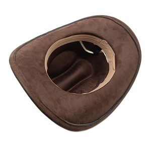 Detail view of the interior craftsmanship and adjustable string on the brown cowboy hat
