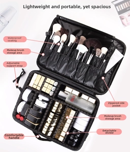 Macro detail of oxford cosmetic bag with adjustable dividers and waterproof brush slots