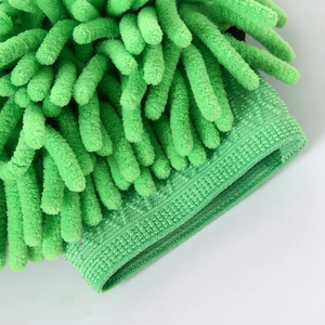 Thick green chenille car wash glove featuring soft long-pile fibers and a knit cuff