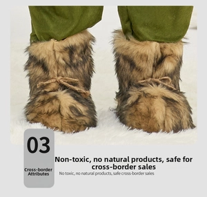 Detail of plush brown fur Santa boots with lace-up ties and soft warm lining