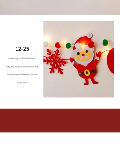 Close-up of red felt Santa and snowflake ornaments with warm white LED string lights