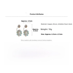 Detailed view of resin flower earrings with size specs and pearl zircon accents