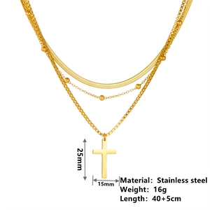 Three-layer stainless steel gold necklace featuring cross pendant and beaded chain