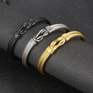 Set of 3 stainless steel cable wire bangles for men in black, silver and gold finish