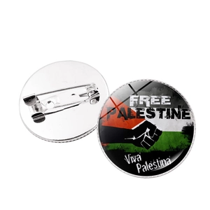 Detailed front and back view of a round Palestine flag badge with a metal pin clasp