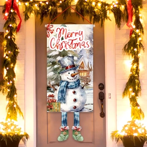 Christmas snowman door banners with Merry Christmas lettering and festive LED lights decor