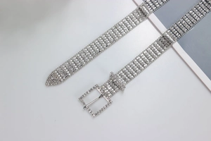 Detailed close-up of a silver ten-row rhinestone waist chain with a square buckle
