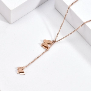 Rose gold Y-necklace with frosted double butterfly pendants and stainless steel chain