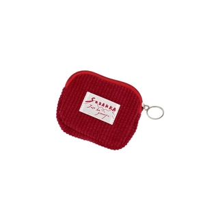 Minimalist red corduroy mini square pouch for coins and lipstick with keychain ring