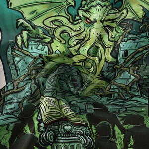 Macro shot of silk Cthulhu tapestry showing smooth fabric texture and deep green mystical print