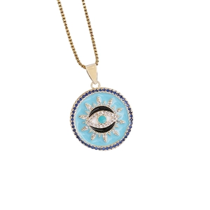 Gold plated evil eye pendant necklace with blue enamel and sparkling zircon accents