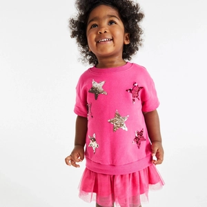 Girls' cotton embroidered star sequin sweatshirt with layered pink mesh tutu dress