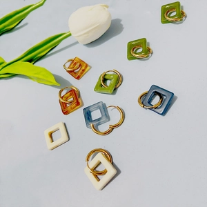 French vintage 18k gold plated stainless steel square resin earrings in four colors