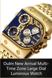 Nahaufnahme der Oulm Herrenuhr mit goldenem Gehäuse, blauem Zifferblatt und Zeitzonen