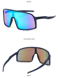 Three-angle view of blue matte cycling sunglasses with multi-layer reflective lenses
