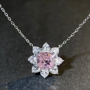 Luxurious S925 silver sunflower necklace with pink cushion-cut gem and pear diamonds