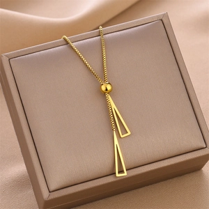 Adjustable rose gold box chain necklace with double triangle pendants and slider bead