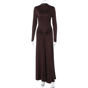 Detailed view of the waist draping and twist design on the dark brown long sleeve dress