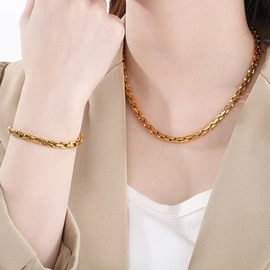 Golden stainless steel jewelry set featuring a square link chain necklace and bracelet