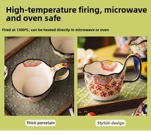 Close-up of hand-painted floral ceramic mug, 1300°C heat resistant, microwave and oven safe