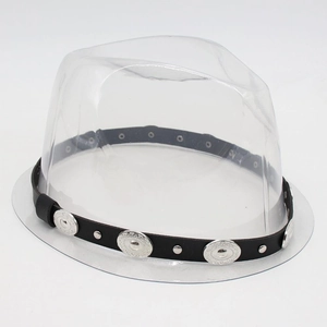 Detail of black leather hat band accessory with embossed silver round metal buckle