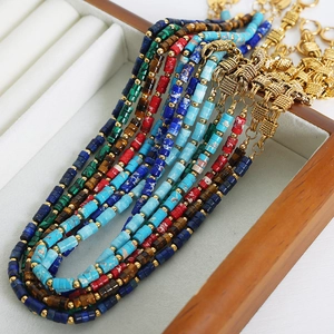 Multicolor natural stone beaded necklace set with elegant gold woven metal clasps