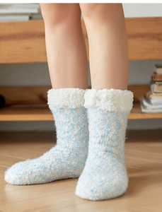 Close-up of thick fleece lining and light blue knit texture on cozy thermal floor socks