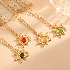 18K gold plated stainless steel sunburst necklaces with colorful opal pendants for women