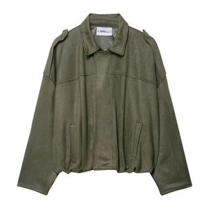 Damen-Jacke aus olivgrünem Wildlederimitat mit Revers und Taschen in lockerer Passform