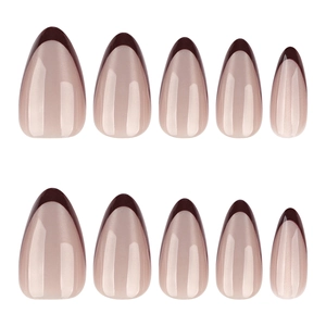 Faux ongles amande œil de chat avec pointes rouges françaises et base nude scintillante