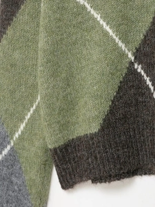 Macro shot of argyle knit fabric texture with green and grey tones and ribbed cuffs