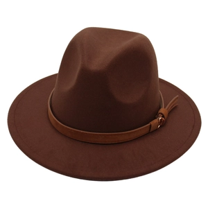 Classic dark brown wide brim fedora hat with a leather belt buckle and vintage wool felt texture