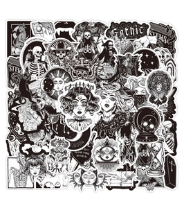 Detail showing various black and white gothic punk graffiti stickers with skull and magic patterns