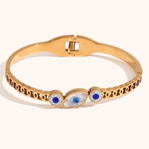 Gold stainless steel evil eye chain bracelet with blue zircon and spring clasp closure