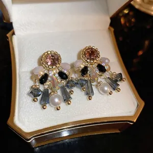 Vintage Tassel Dangle Earrings Alloy Artificial Crystal Imitation Artificial Pearl With 925 Sterling Silver Earring Post