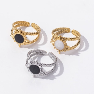 304 stainless steel sunburst rings with colorful stones and twisted double layer design
