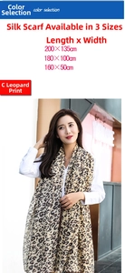 Detailed view of leopard print chiffon scarf showing sizes 200x135cm and 180x100cm