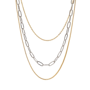 Three-layer stainless steel necklace featuring mixed gold and silver tone link chains