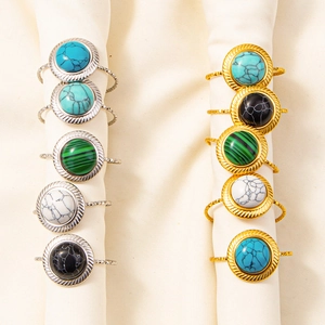Set of 10 adjustable stainless steel rings with colorful marble and turquoise insets