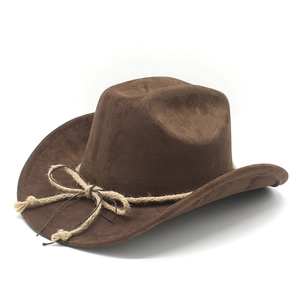 Detail of dark brown faux suede cowboy hat featuring a braided rope decorative band