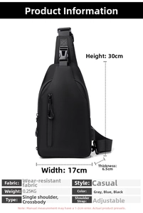 Detailed specs of the black portable chest bag with adjustable strap and 30x17x6.5cm dimensions