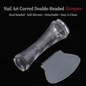 Nail Art Double Headed Stamper Silicone Heads Transparent Curved Handle With Scraper For French Manicures DIY Tools
