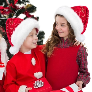 Premium red plush Christmas hat with sequins for festive holiday party dress-up decor