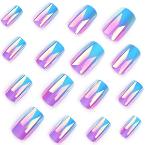 Blue-purple gradient aurora press-on nails with 16 short square oval metallic pieces