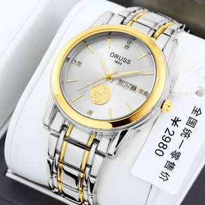ORUSS men's quartz watch with bicolor steel strap and sailboat design dial in silver gold