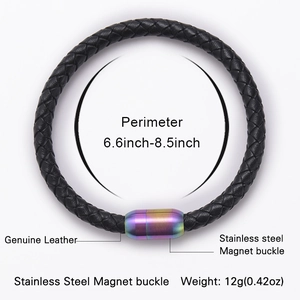 Braided black leather bracelet with gradient metal magnetic clasp on white background