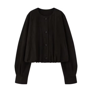 Women's black short faux leather jacket with round neck and single-breasted buttons