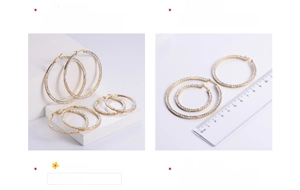 Detailed view of gold hoop earrings with pavé crystals in various diameter sizes