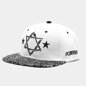 Hip hop snapback hat with star embroidery and black patterned flat brim on white canvas